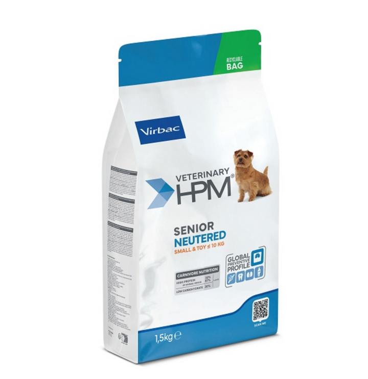 Virbac HPM Senior Dog Neutered Small & Toy – Pienso Premium para Perros Senior Esterilizados de Razas Pequeñas y Mini – 1,5 kg / 3 kg / 7 kg