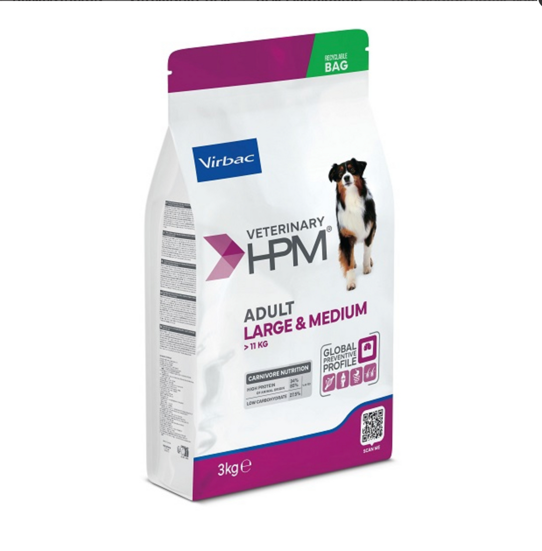 Pienso Virbac HPM Adult Dog Large & Medium para perros adultos de razas medianas y grandes. Alta proteína, vitalidad y salud articular.