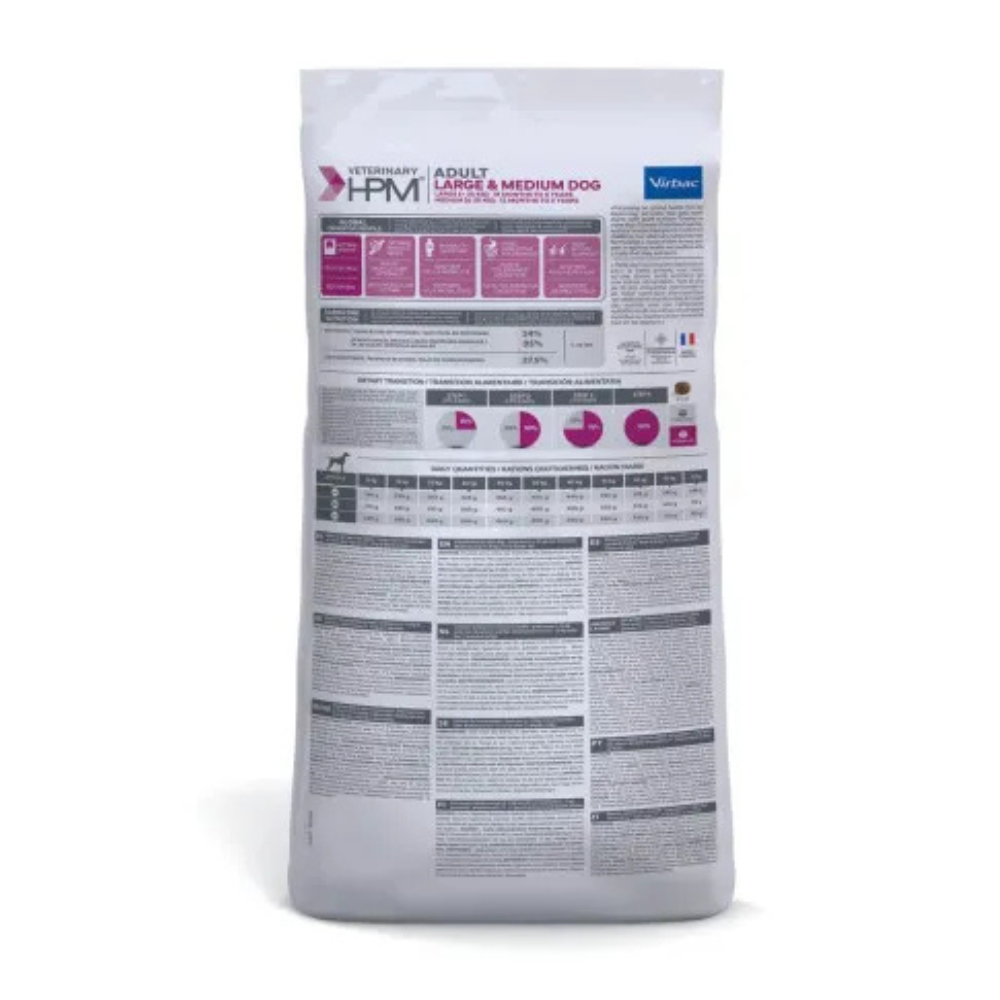 Pienso Virbac HPM Adult Dog Large & Medium para perros adultos de razas medianas y grandes. Alta proteína, vitalidad y salud articular.