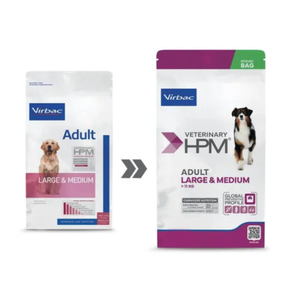 Pienso Virbac HPM Adult Dog Large & Medium para perros adultos de razas medianas y grandes. Alta proteína, vitalidad y salud articular.