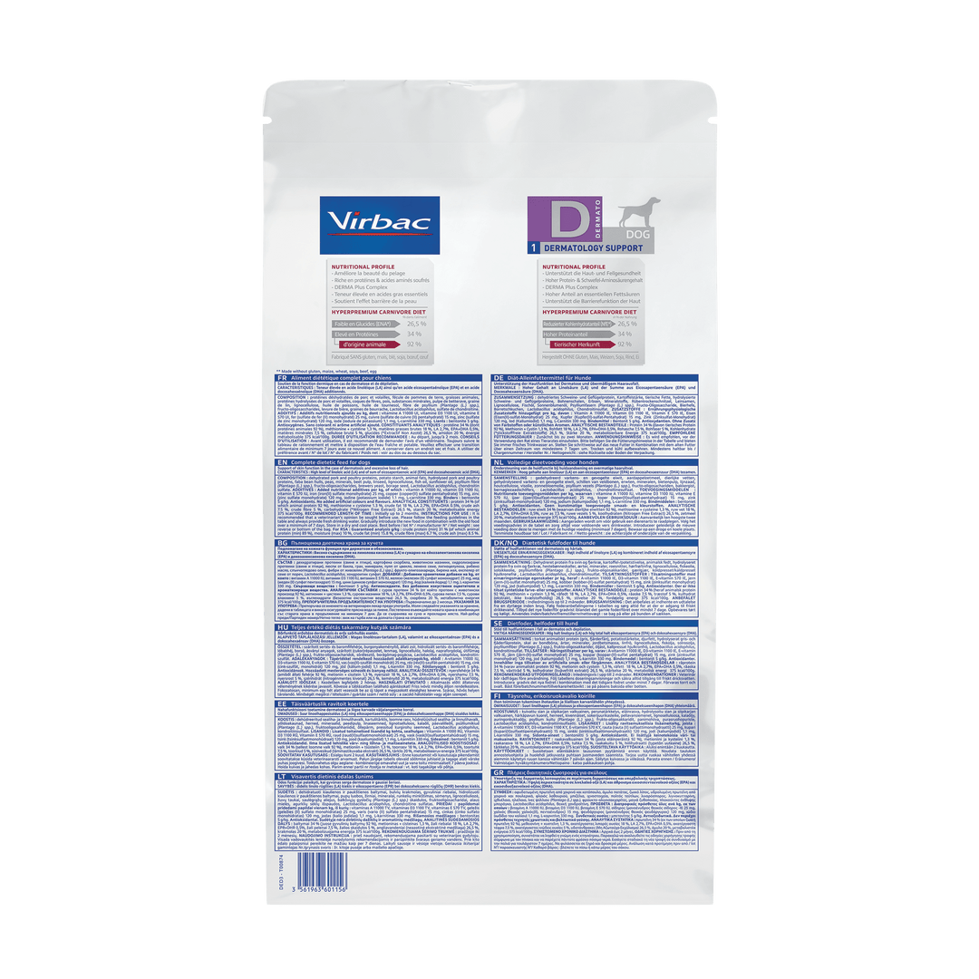 Virbac HPM D1 Dog – Pienso Dermatológico para Perros – Cuidado y Salud de la Piel y el Pelo – 3 kg / 12 kg