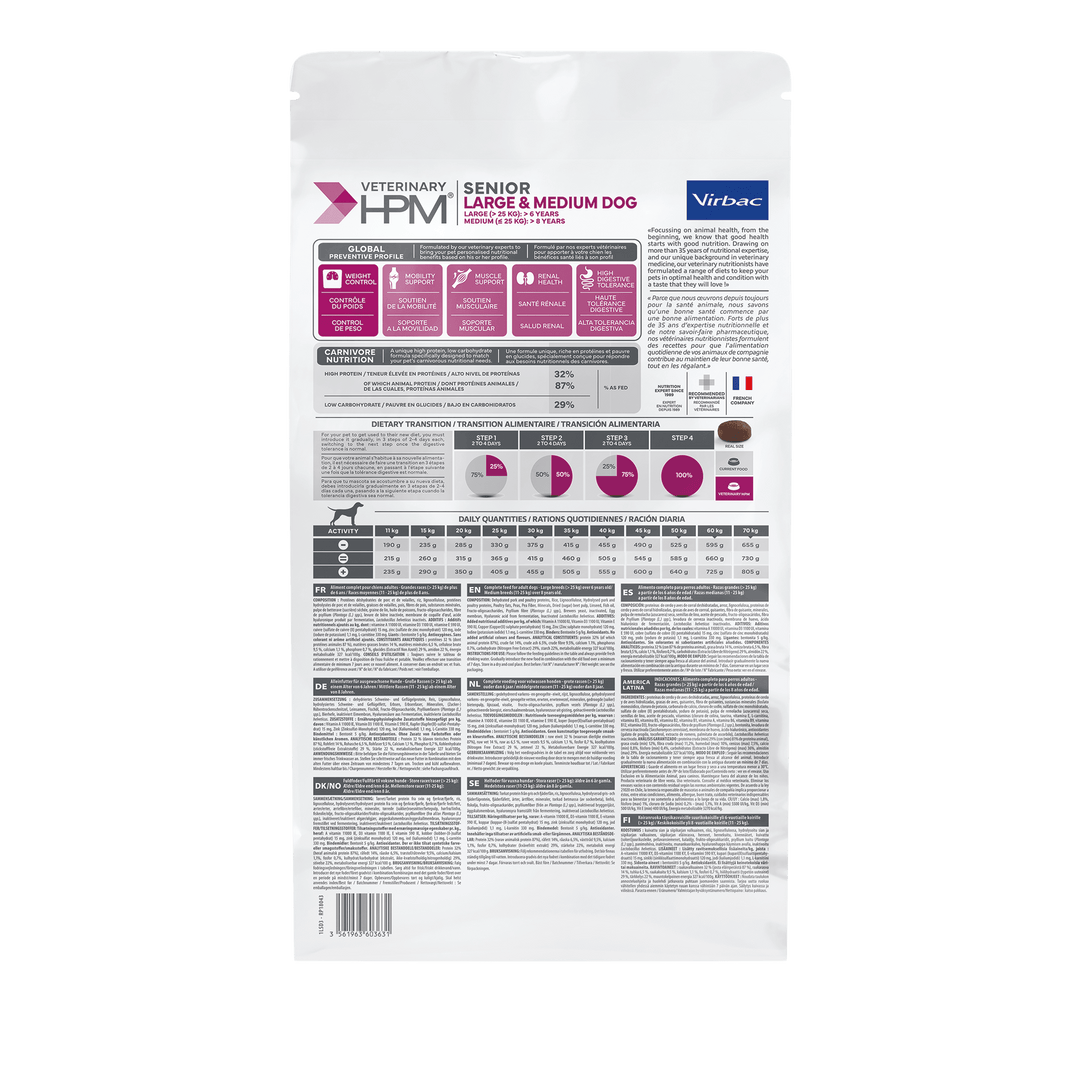 Virbac HPM Senior Dog Large & Medium – Nutrición Específica para Perros Senior de Razas Medianas y Grandes – 3 kg / 12 kg