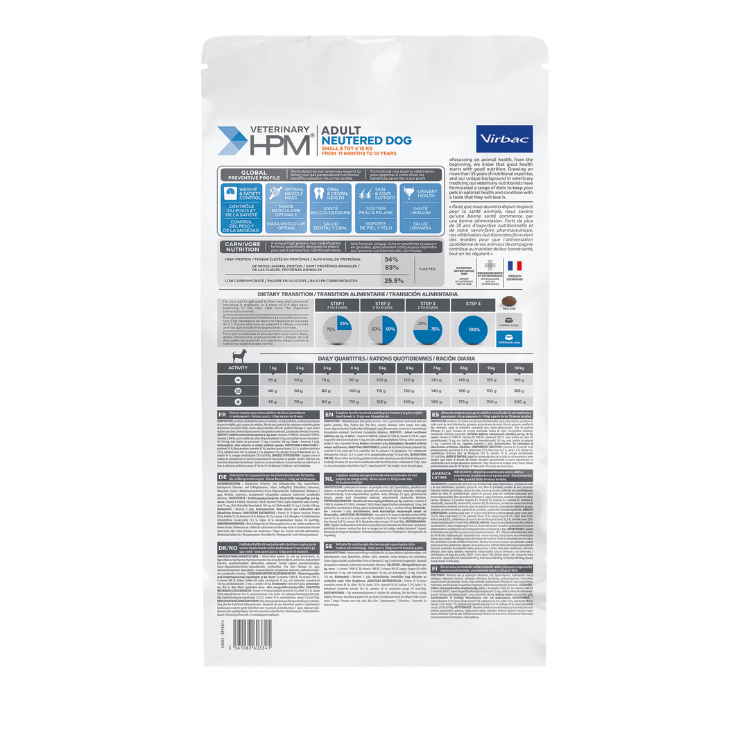 Virbac HPM Senior Dog Neutered Small & Toy – Pienso Premium para Perros Senior Esterilizados de Razas Pequeñas y Mini – 1,5 kg / 3 kg / 7 kg